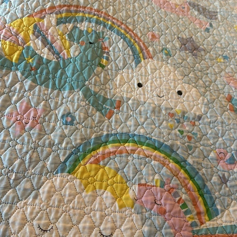 🩵🩵🩵🩵Yes I Can Twin quilt coverlet unicorn rainbows clouds blue pink w/ sham